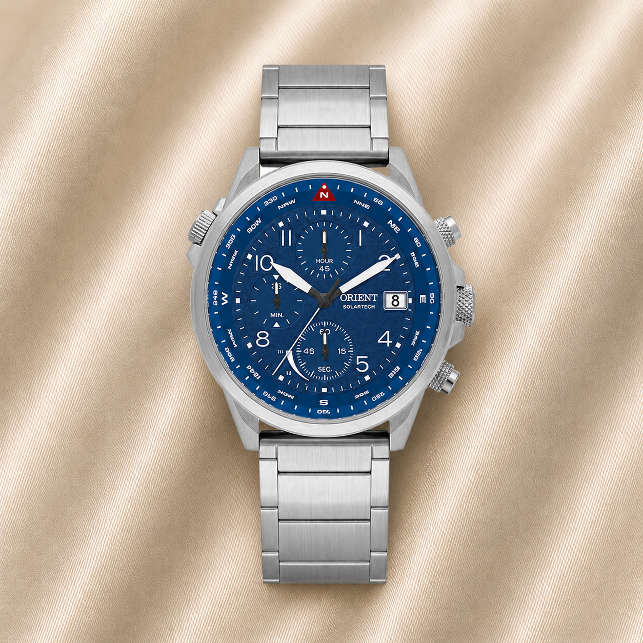 RELÓGIO ORIENT MASCULINO PRATA SOLARTECH CRONÓGRAFO MOSTRADOR AZUL