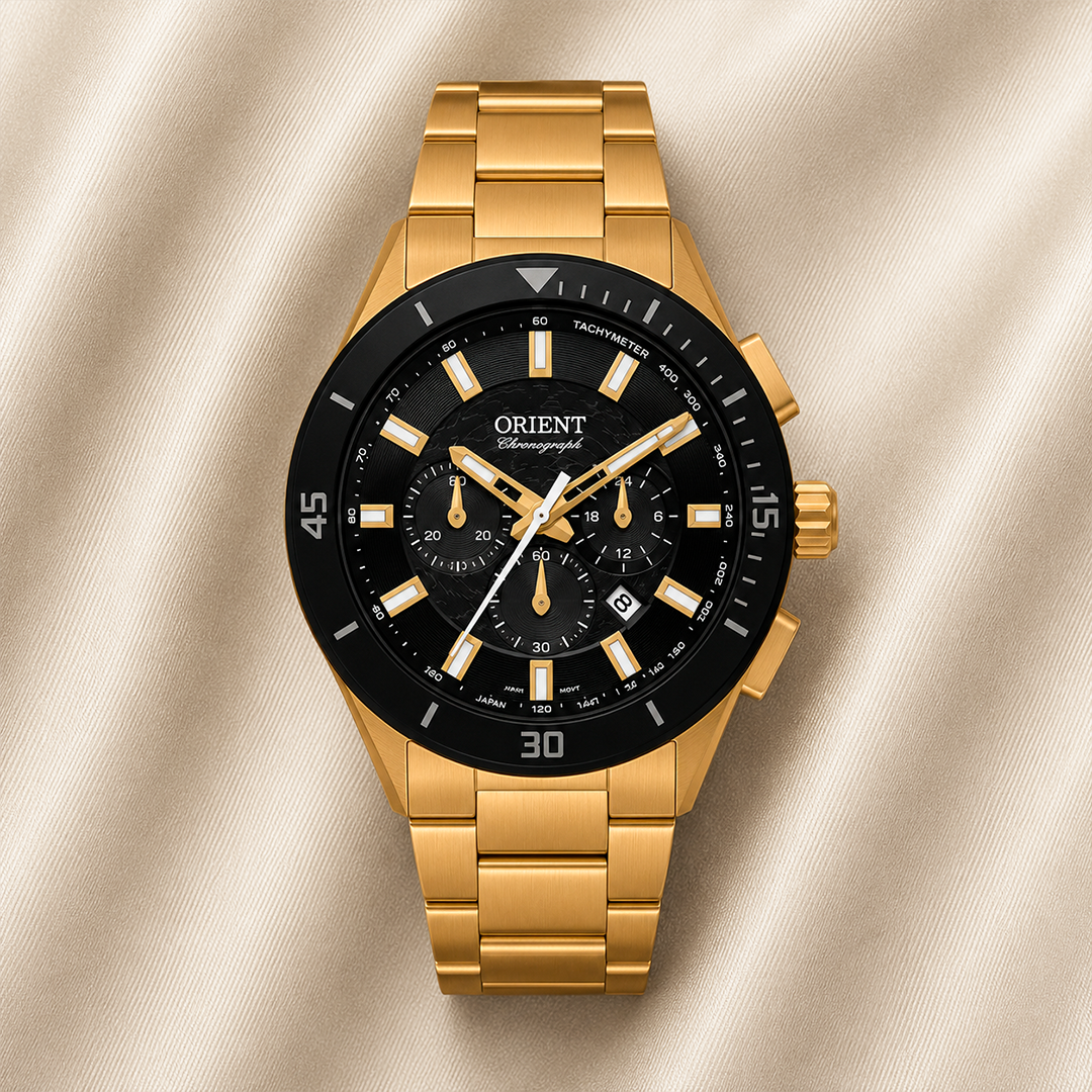 RELÓGIO ORIENT MASCULINO DOURADO CRONÓGRAFO MOSTRADOR PRETO