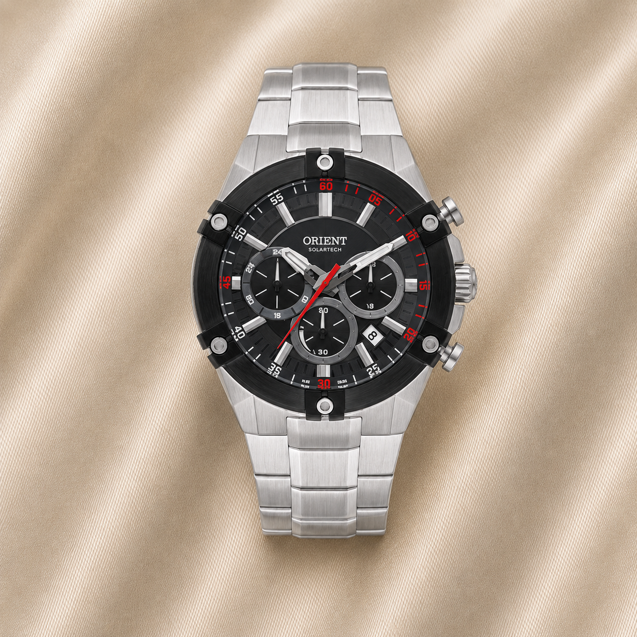 RELÓGIO ORIENT MASCULINO PRATA SOLARTECH CRONÓGRAFO MOSTRADOR PRETO