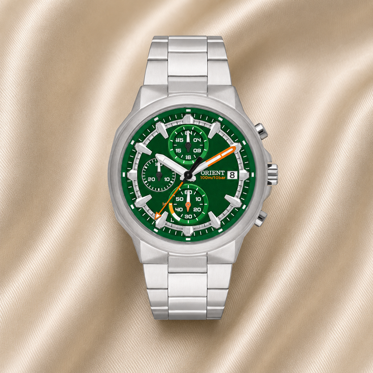 RELÓGIO ORIENT MASCULINO PRATA SOLARTECH CRONÓGRAFO MOSTRADOR VERDE
