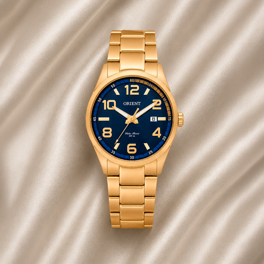 RELÓGIO ORIENT MASCULINO DOURADO MOSTRADOR AZUL