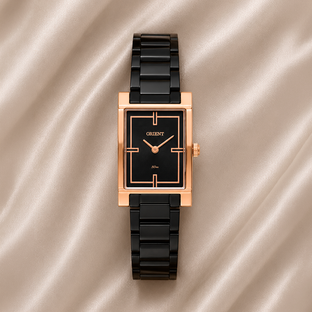 RELÓGIO ORIENT FEMININO PRETO E ROSÉ RETANGULAR