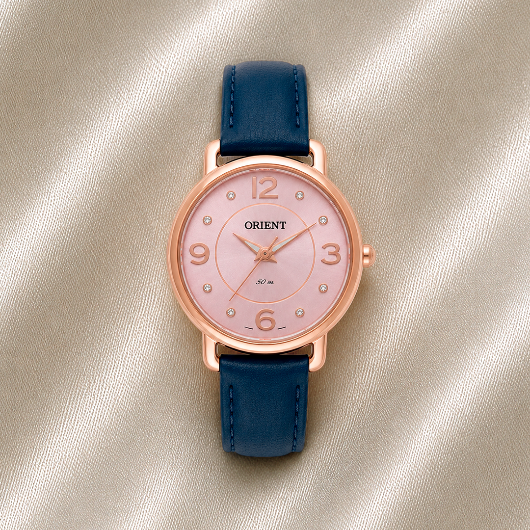 RELÓGIO ORIENT FEMININO ROSE GOLD COM PULSEIRA AZUL