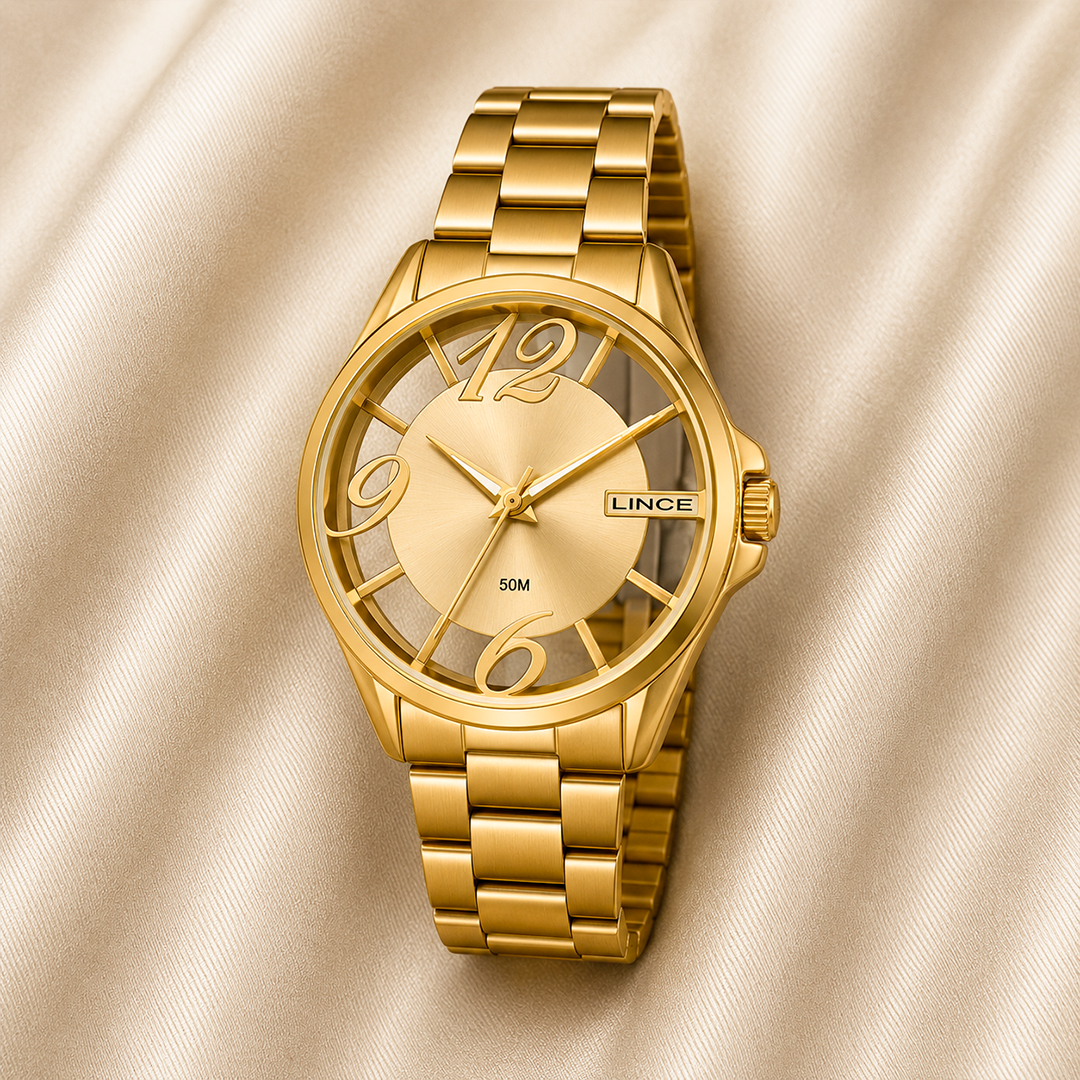 RELÓGIO LINCE FEMININO DOURADO MOSTRADOR TRANSPARENTE
