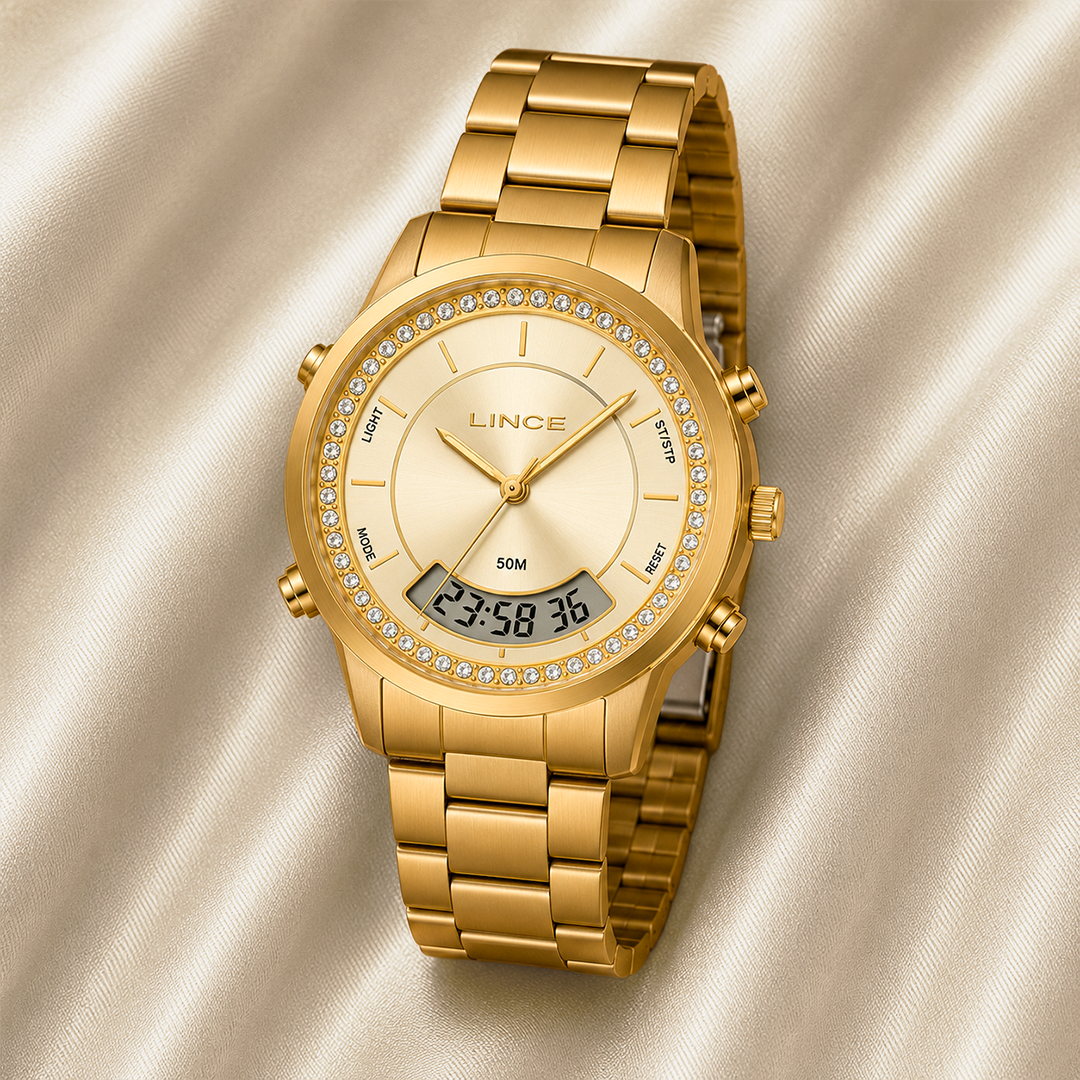 RELÓGIO LINCE FEMININO DOURADO DIGITAL E ANALÓGICO